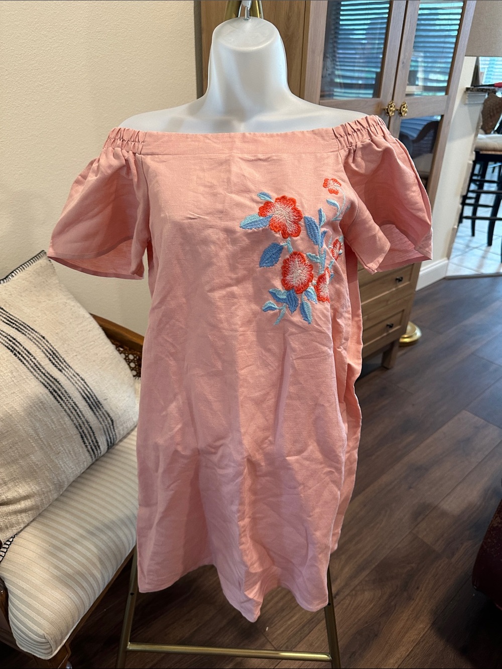 Pink Off-Shoulder Embroidered Floral Dress